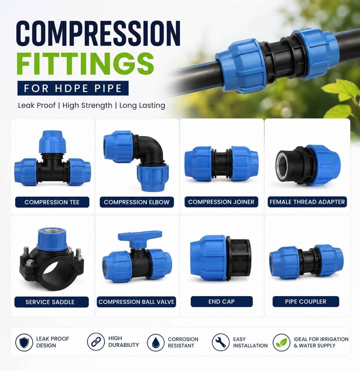 HDPE Compression Fittings Category – Tee, Elbow, Joiner, Ball Valve, End Cap and Pipe Coupler for Irrigation & Water Supply Systems